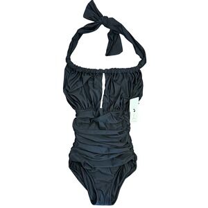 Lenny Niemeyer Black Ruched Halter One Piece Swimsuit Keyhole XS Beach Resort